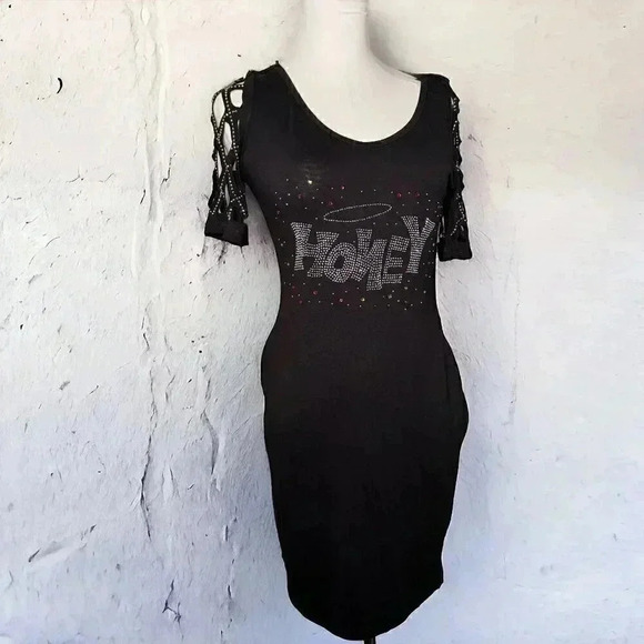 Y2K Black Honey Rhinestone Embellished Sheath Dress S/M Scoop Neck - Picture 1 of 7